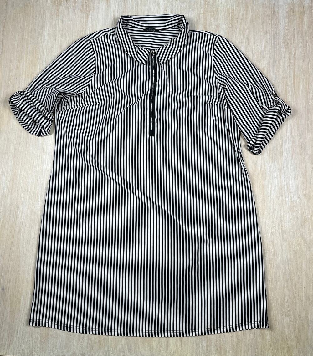 Mlle Gabrielle Black White Striped Roll Tab Sleeve Casual Office Shirt Dress 3X